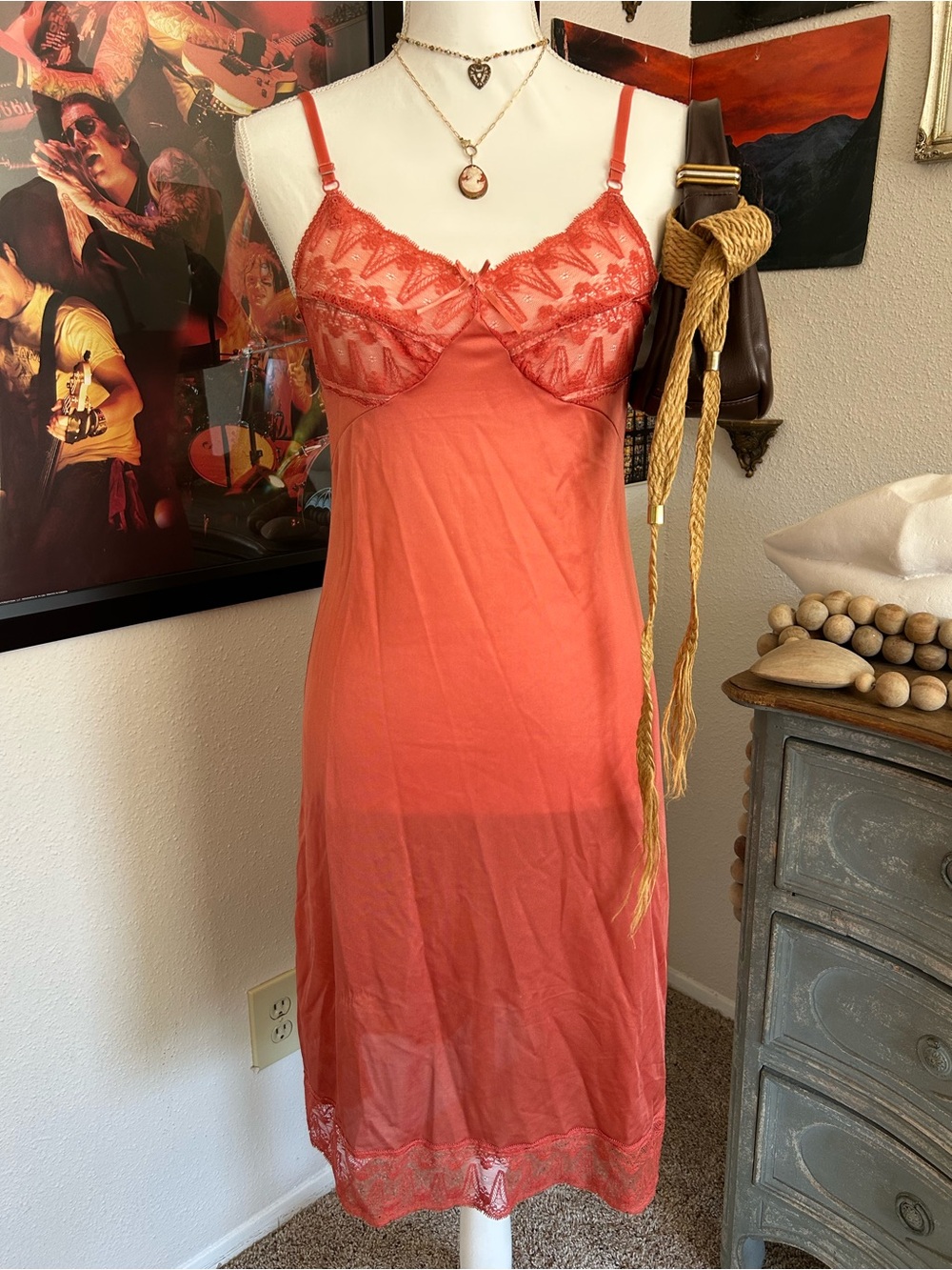 Vintage Fairy Slip Dress Size XS Midi Coral Lace Sheer Sweetheart Satin Bow Y2K